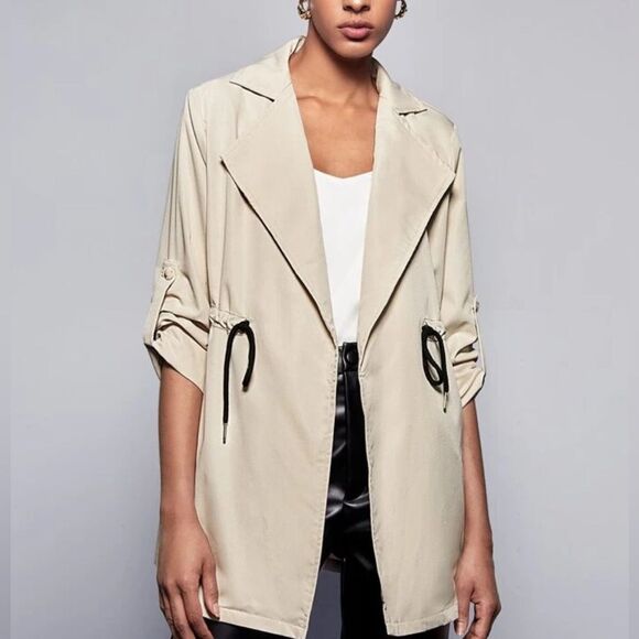 Lapel collar roll tab drawstring waist trench coat with pockets size large - Picture 2 of 11